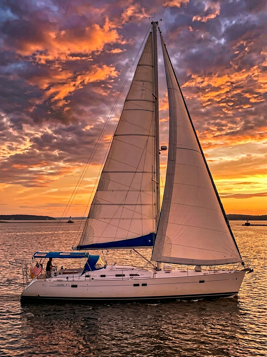 Boat underway at sunset — hero shot