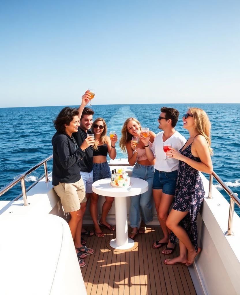 Group birthday celebration on deck