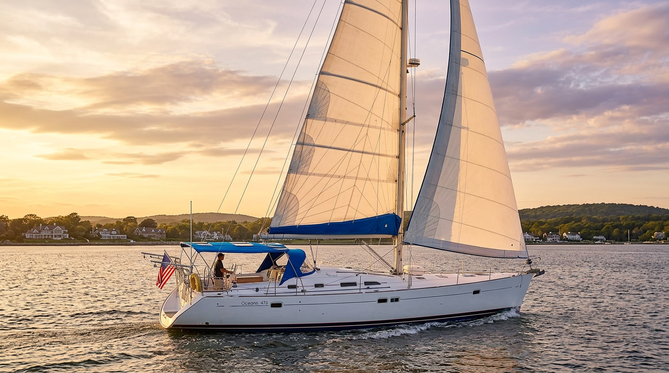 2005 Beneteau Oceanis 473 sailing yacht under full sail at golden hour on Long Island Sound
