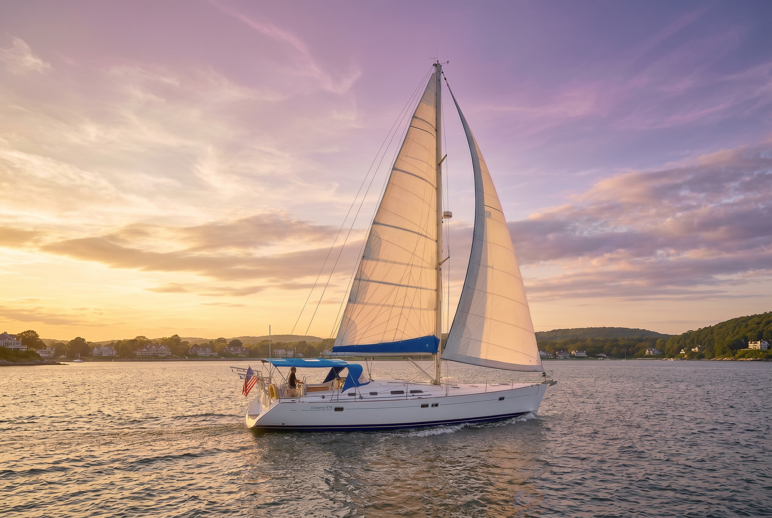 Beneteau Oceanis 473 sailing yacht under full sail at golden hour on Long Island Sound